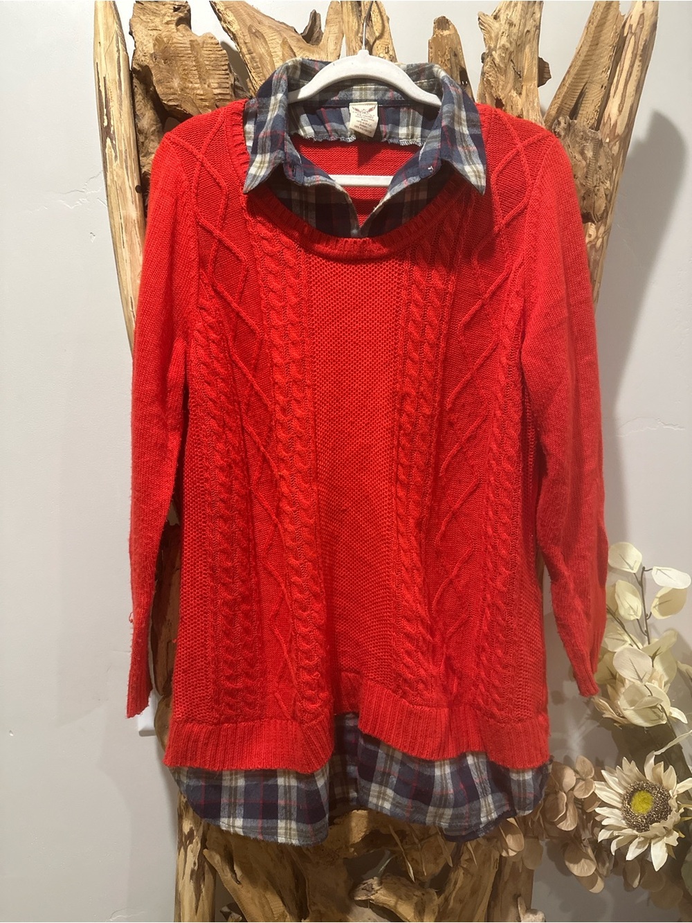 Red Cable Knit Women’s Sweater - Layered Look